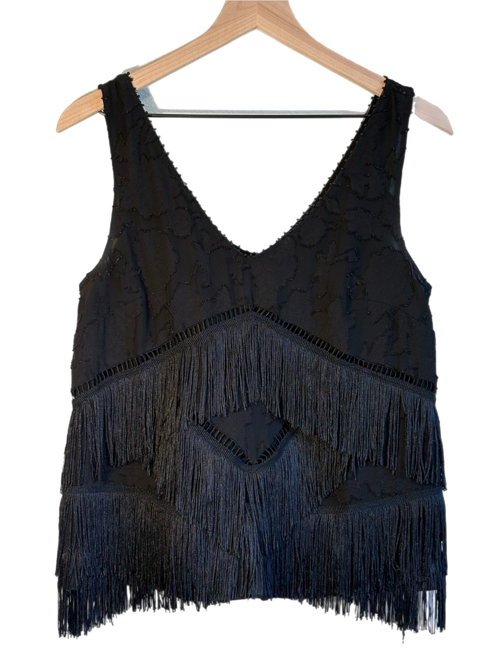 Anthropologie HD in ParisTiered Fringe Shell Tank Top Black 6 Cowgirl Western